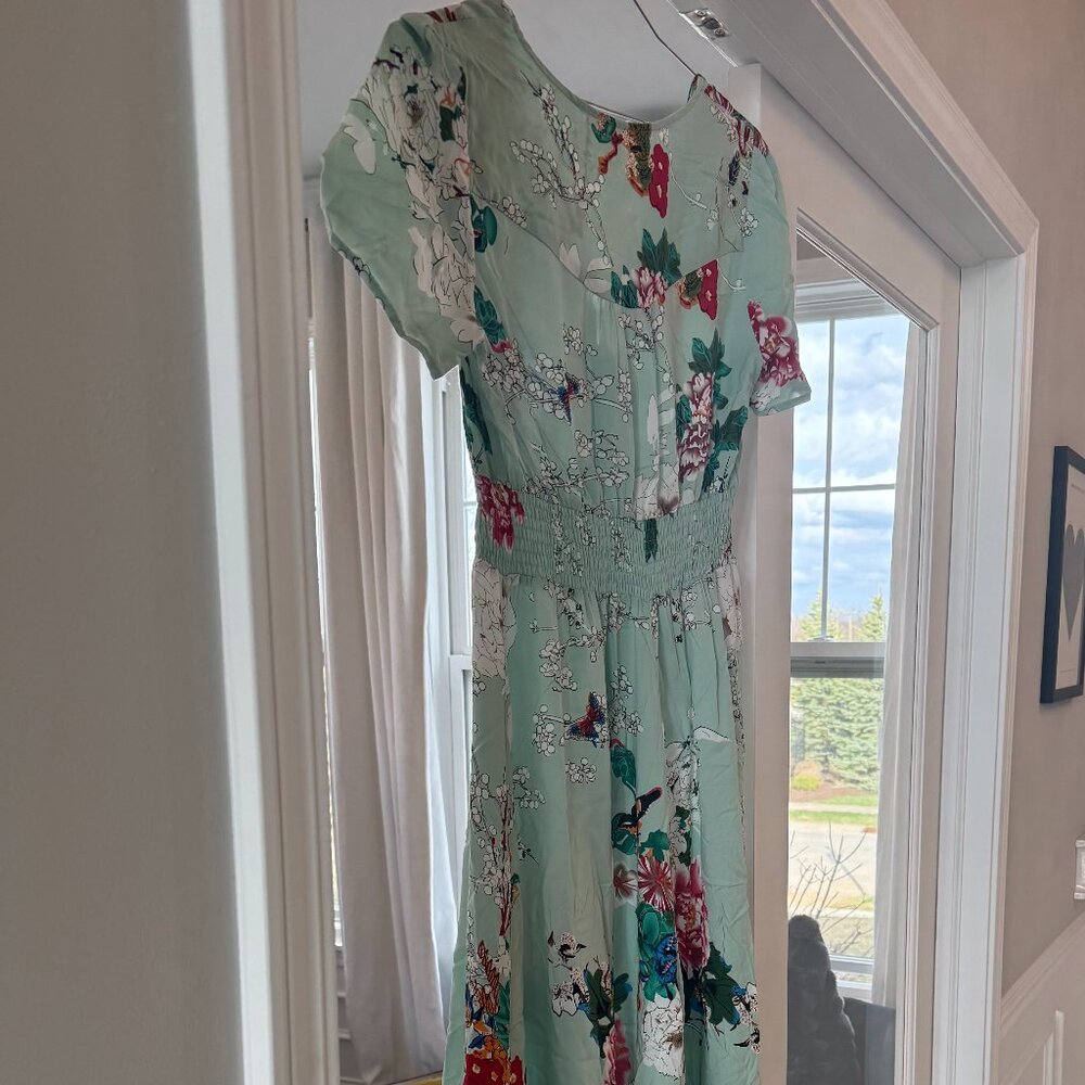 Mint Green Spring Floral Loop Hook Button and Tie Long Dress